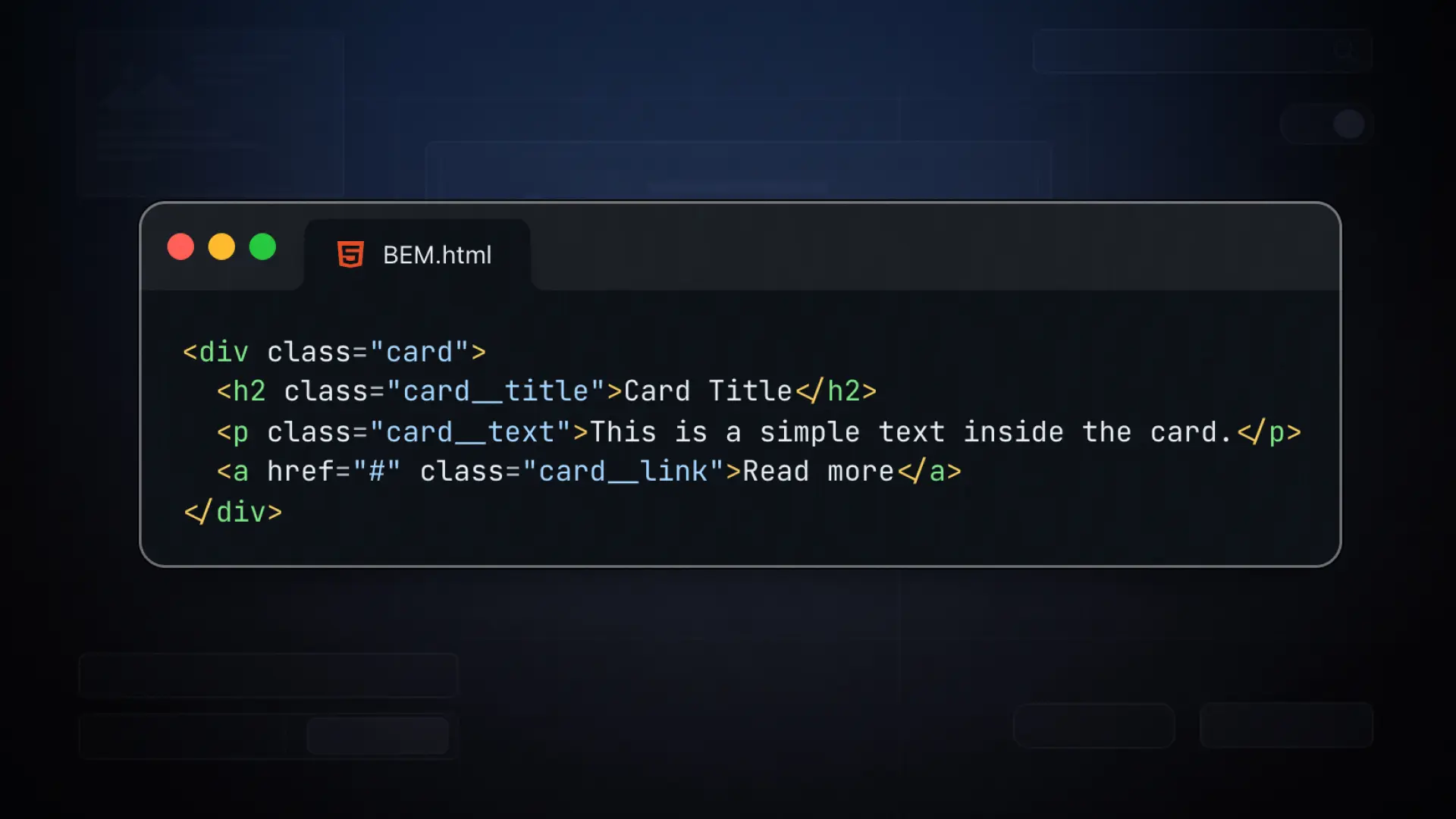 HTML code example using BEM classes for a card component with title, text, and link.