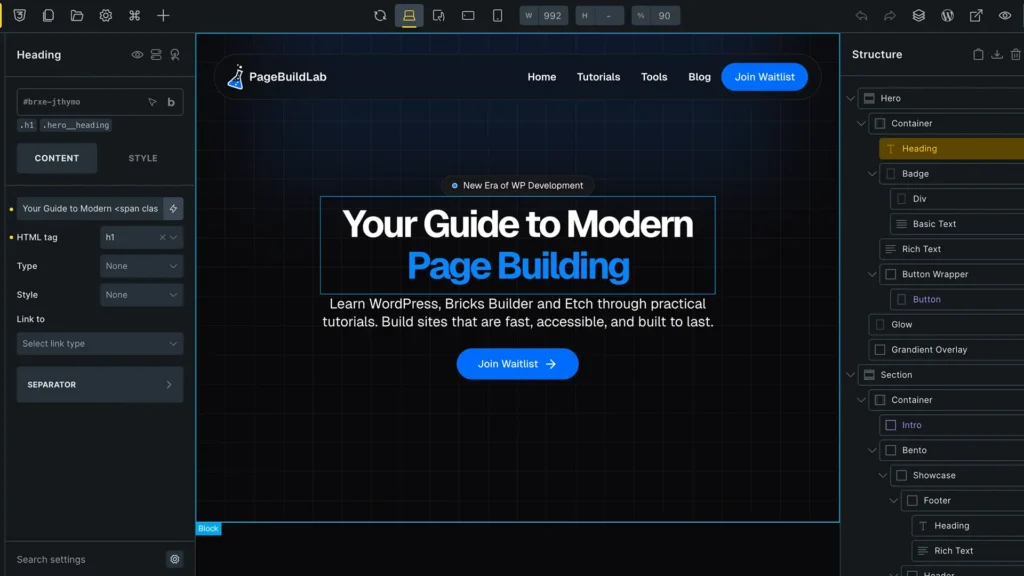 Bricks Builder backend editing a WordPress hero section with headline, subtext, and call-to-action button.