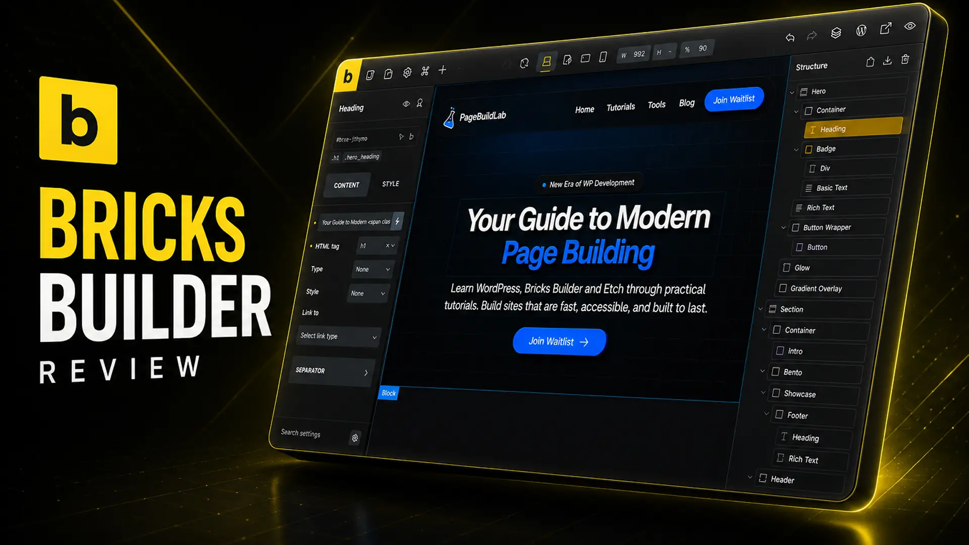Bricks Builder backend editing a WordPress hero section with headline, subtext, and call-to-action button.
