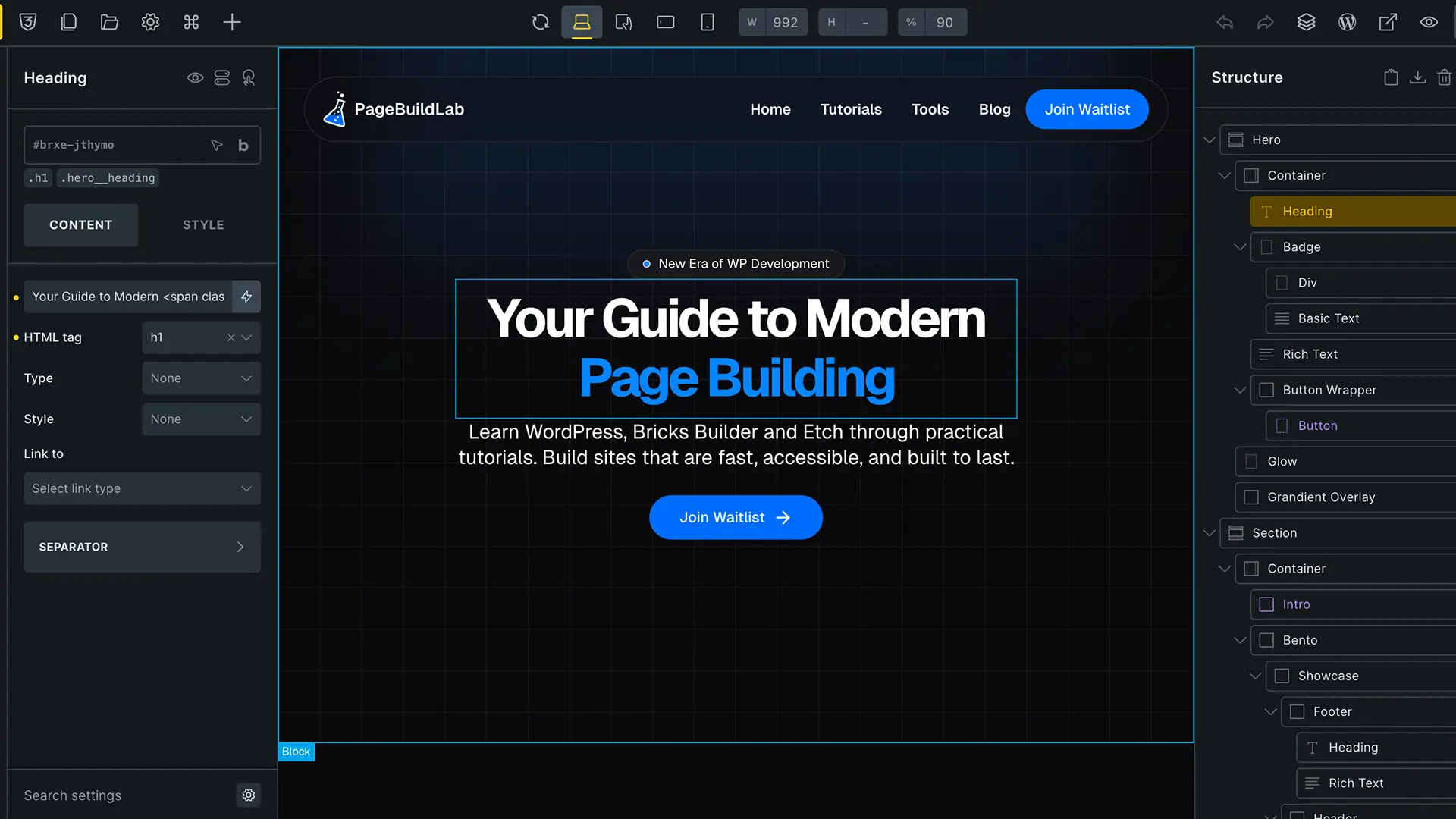 Bricks Builder backend editing a WordPress hero section with headline, subtext, and call-to-action button.