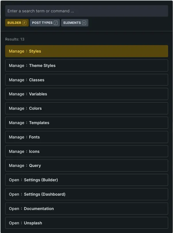 Bricks Builder Command Palette showing builder actions like Manage Styles, Theme Styles, Classes, Variables and Colors
