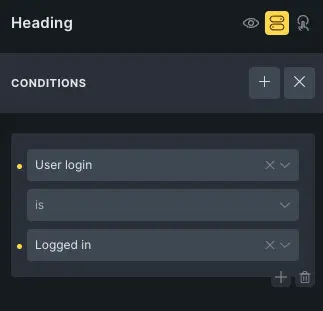 Bricks Builder element conditions panel showing a heading element with a condition set to display only when the user is logged in