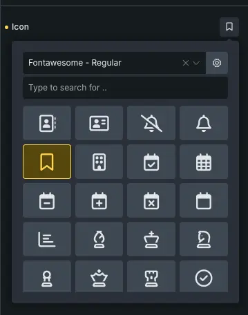 Bricks Builder icon picker showing the Font Awesome Regular library with a bookmark icon selected