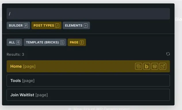 Bricks Builder Command Palette in Post Types scope showing pages and templates