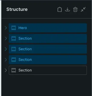 Bricks Builder structure panel with multiple sections selected using Multi Select