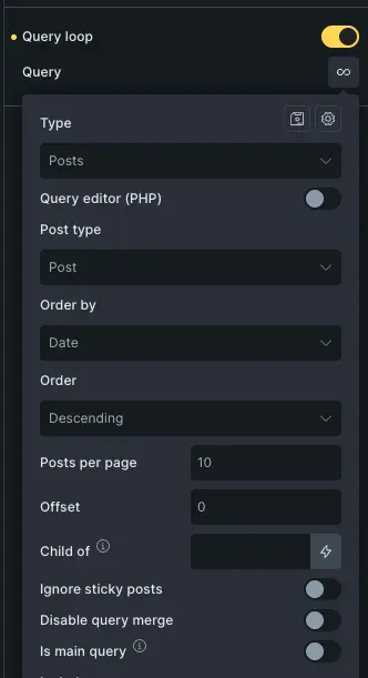 Bricks Builder query loop settings panel with options for post type, order, posts per page, offset and advanced query controls