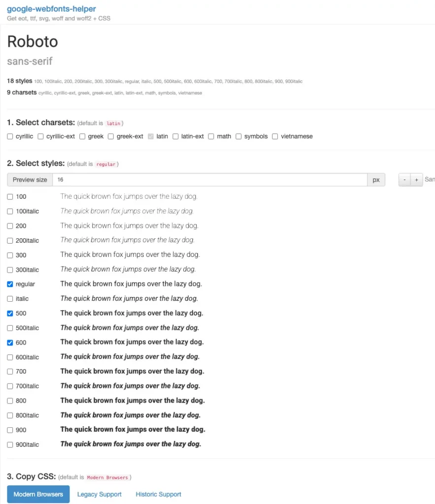 Google Webfonts Helper interface showing the Roboto font with charset and style selection options including regular, 500, and 600 weights checked, and a CSS copy section for modern browsers