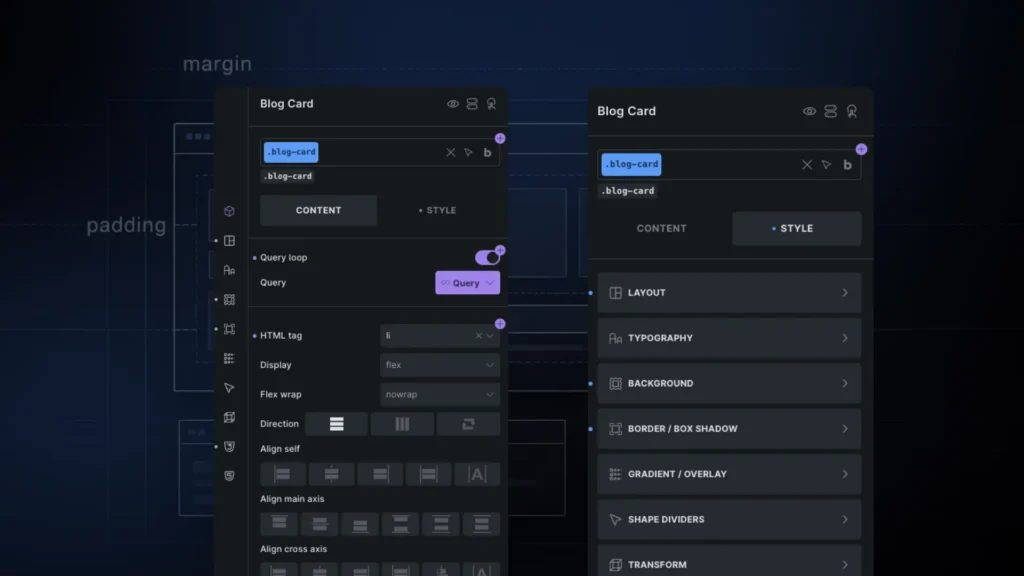 Bricks Builder blog card settings showing Content and Style panels with layout and typography options.