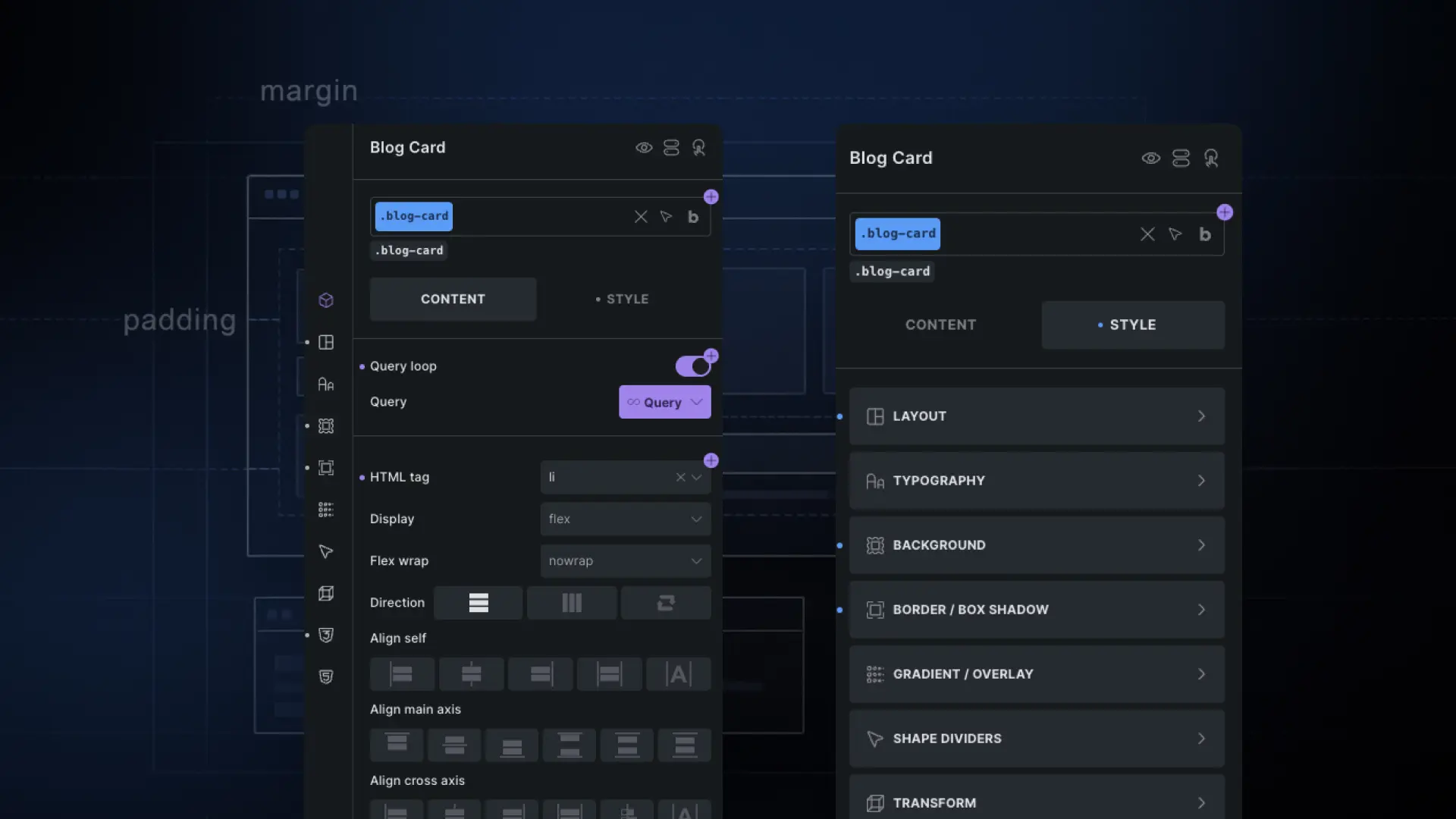 Bricks Builder blog card settings showing Content and Style panels with layout and typography options.