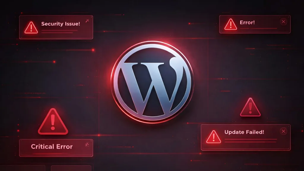 WordPress logo surrounded by red warning alerts showing security issue, error, critical error, and update failed.