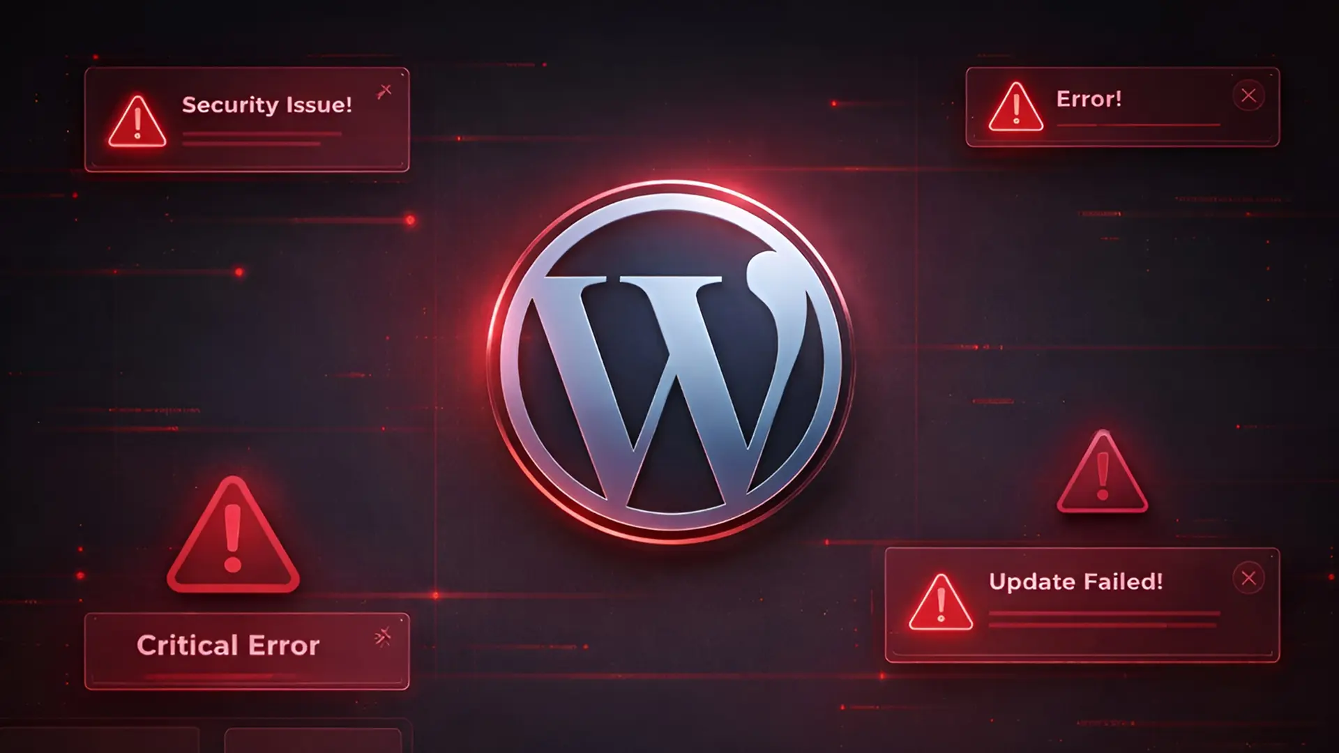 WordPress logo surrounded by red warning alerts showing security issue, error, critical error, and update failed.