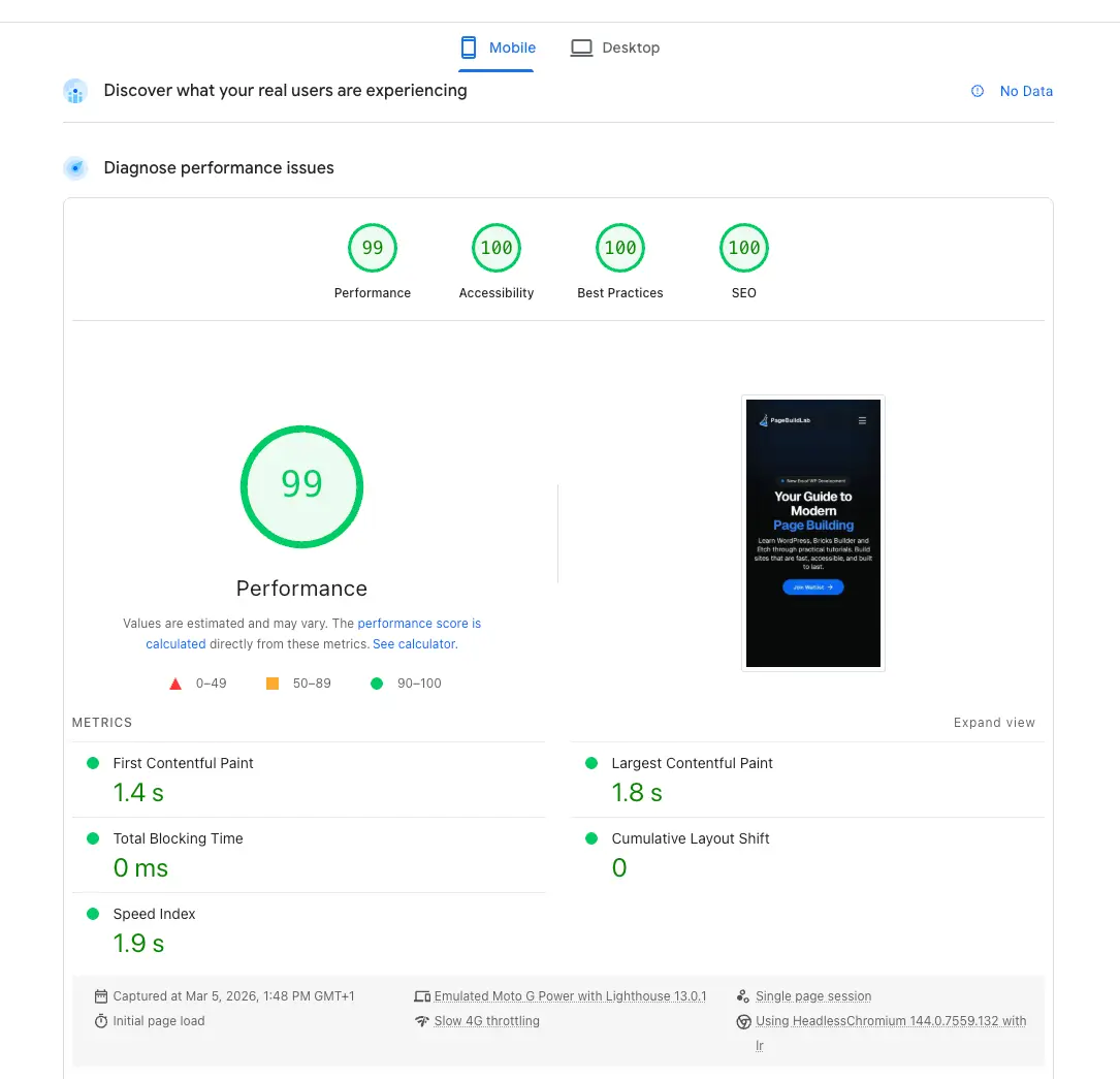Screenshot of PageSpeed scores from PageBuildLab with a 99 performance score.