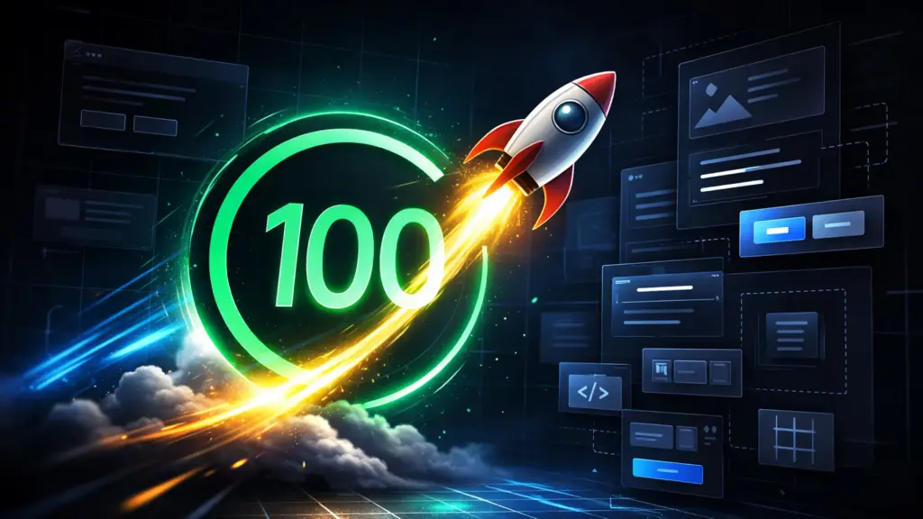 Rocket launching through a glowing PageSpeed 100 score