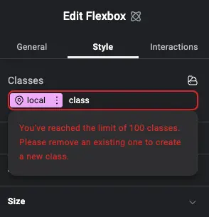 Elementor editor showing 100 classes limit error message