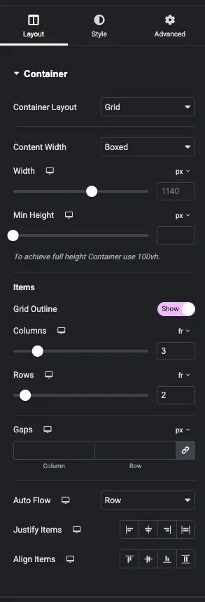 Elementor CSS grid container settings panel